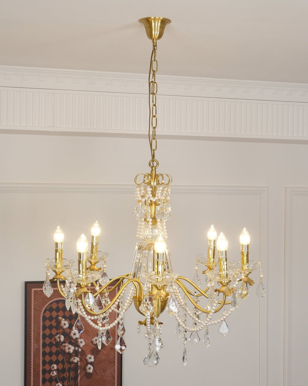 Chandelier Brass Body Crystal Pearl Drops Vintage Elegance