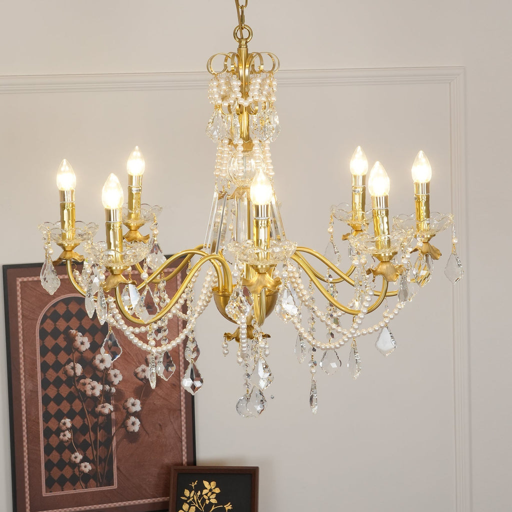Chandelier Brass Body Crystal Pearl Drops Vintage Elegance