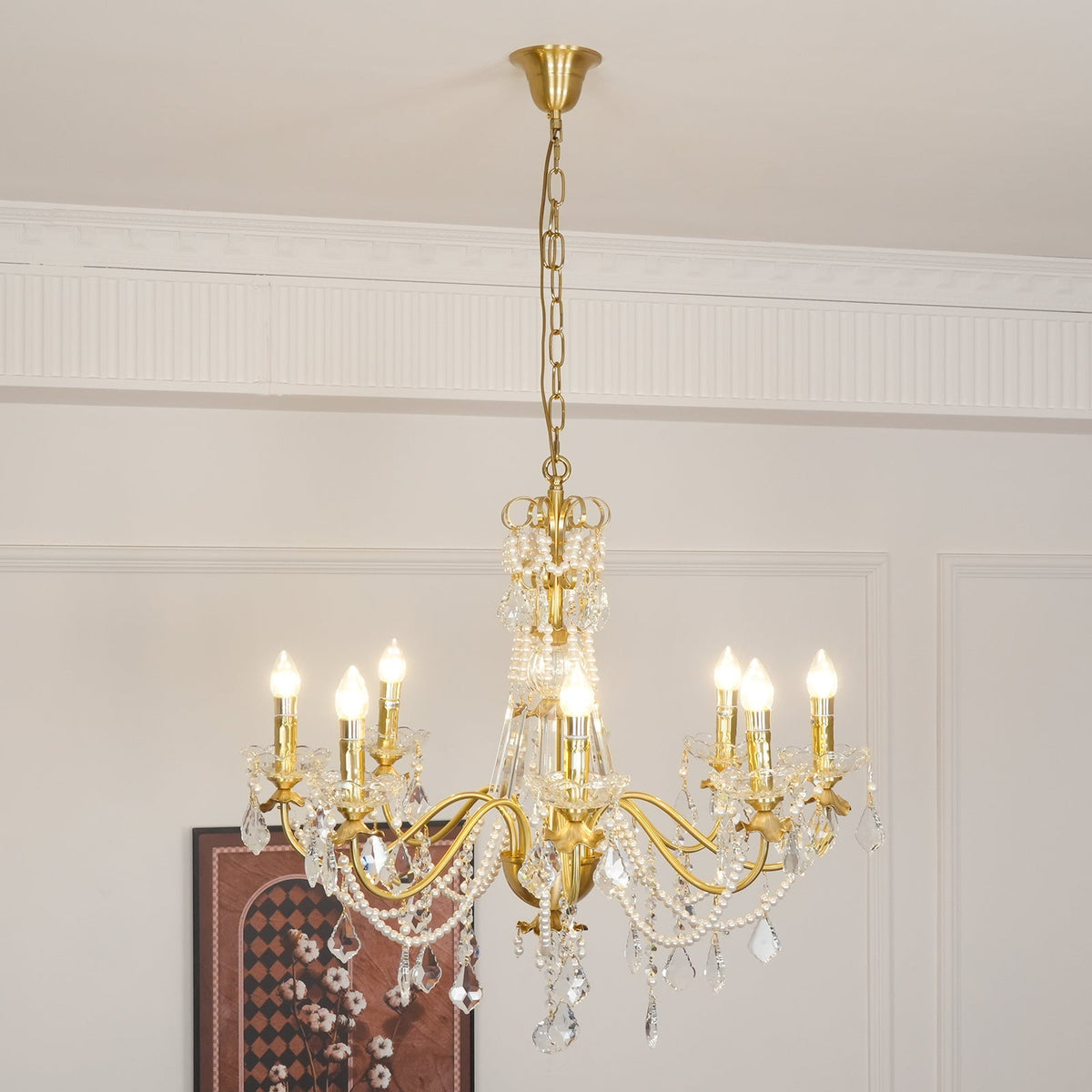 Chandelier Brass Body Crystal Pearl Drops Vintage Elegance