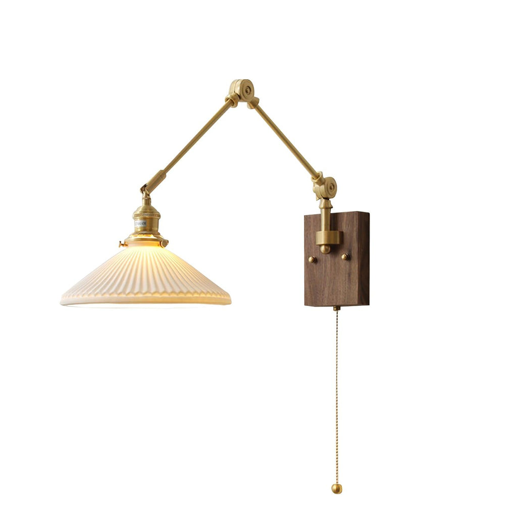 Wall Lamp Adjustable Arm Pleated Shade Walnut Base Vintage Task