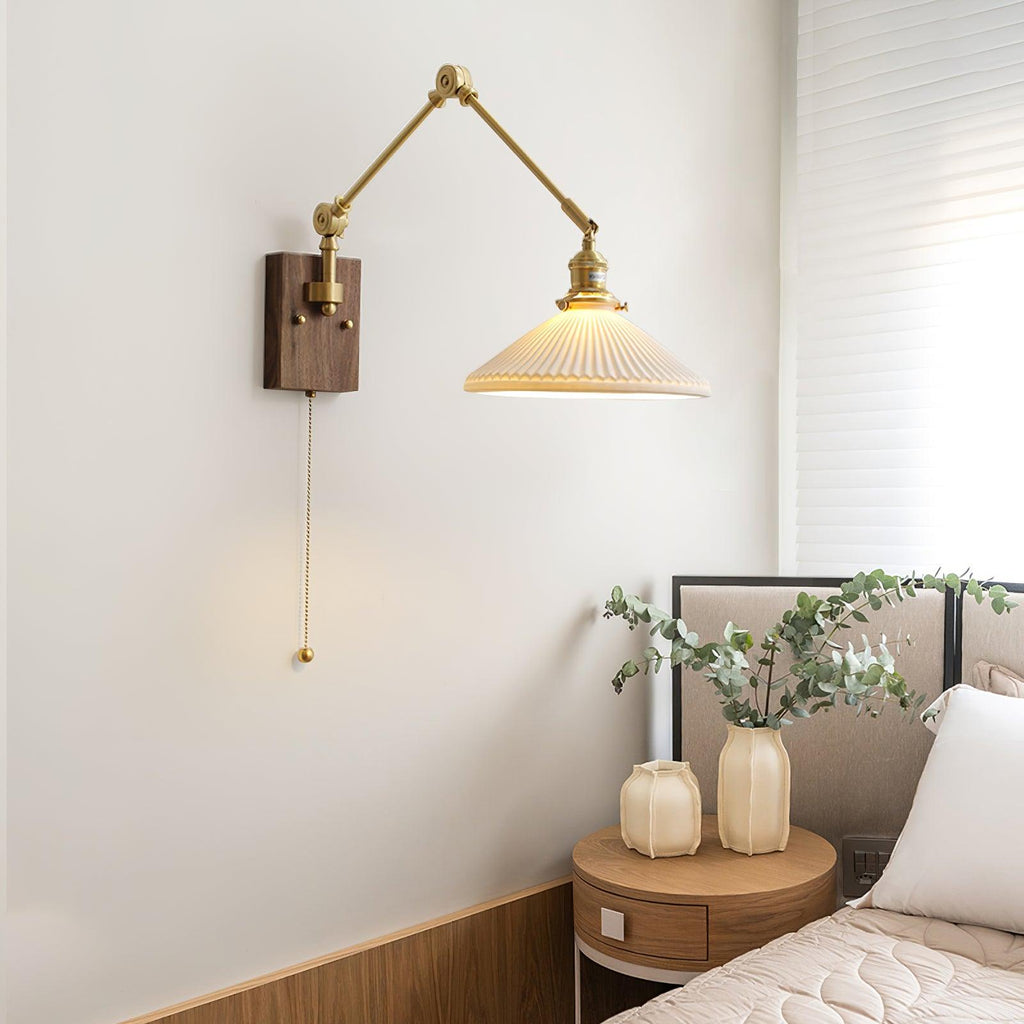 Wall Lamp Adjustable Arm Pleated Shade Walnut Base Vintage Task