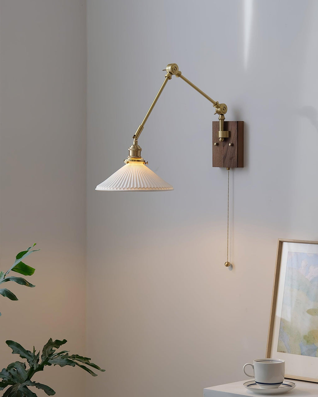 Wall Lamp Adjustable Arm Pleated Shade Walnut Base Vintage Task