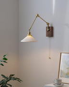 Wall Lamp Adjustable Arm Pleated Shade Walnut Base Vintage Task