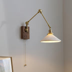 Wall Lamp Adjustable Arm Pleated Shade Walnut Base Vintage Task