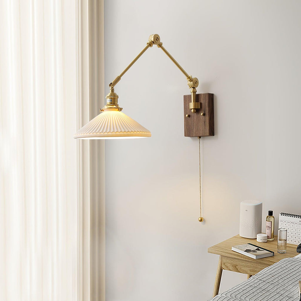 Wall Lamp Adjustable Arm Pleated Shade Walnut Base Vintage Task