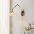 Wall Lamp Adjustable Arm Pleated Shade Walnut Base Vintage Task