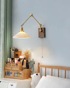 Wall Lamp Adjustable Arm Pleated Shade Walnut Base Vintage Task