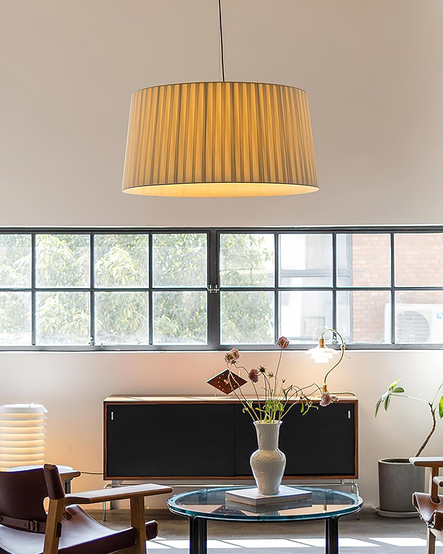 Pendant Lamp Pleated Fabric Drum Black Minimalist Classic