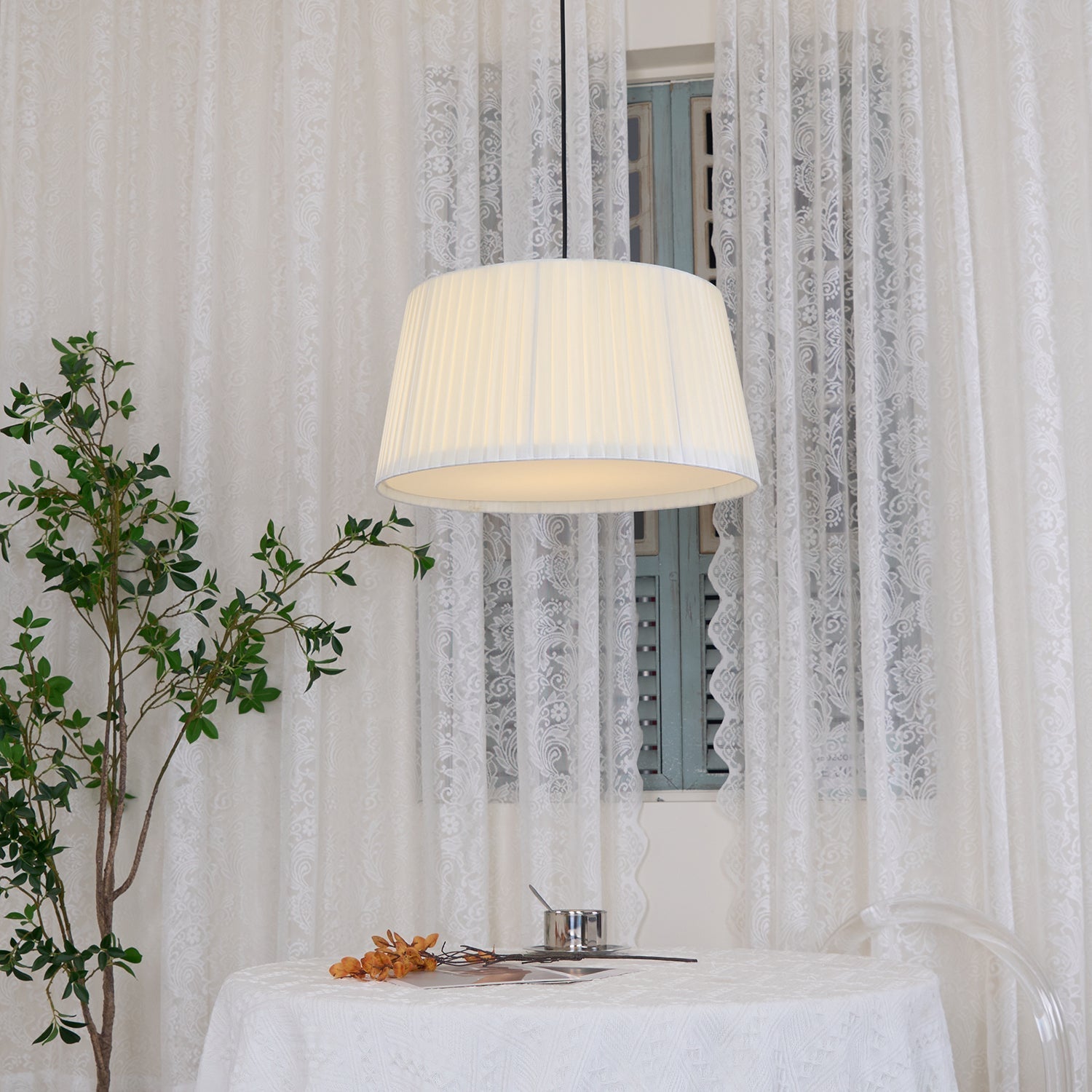 Pendant Lamp Pleated Fabric Drum Black Minimalist Classic