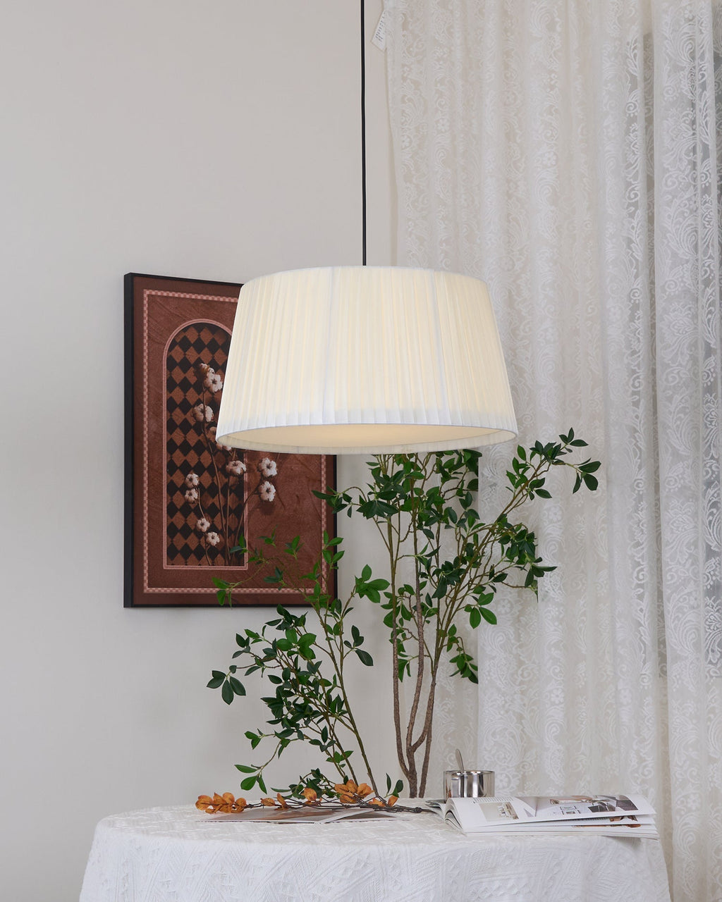 Pendant Lamp Pleated Fabric Drum Black Minimalist Classic
