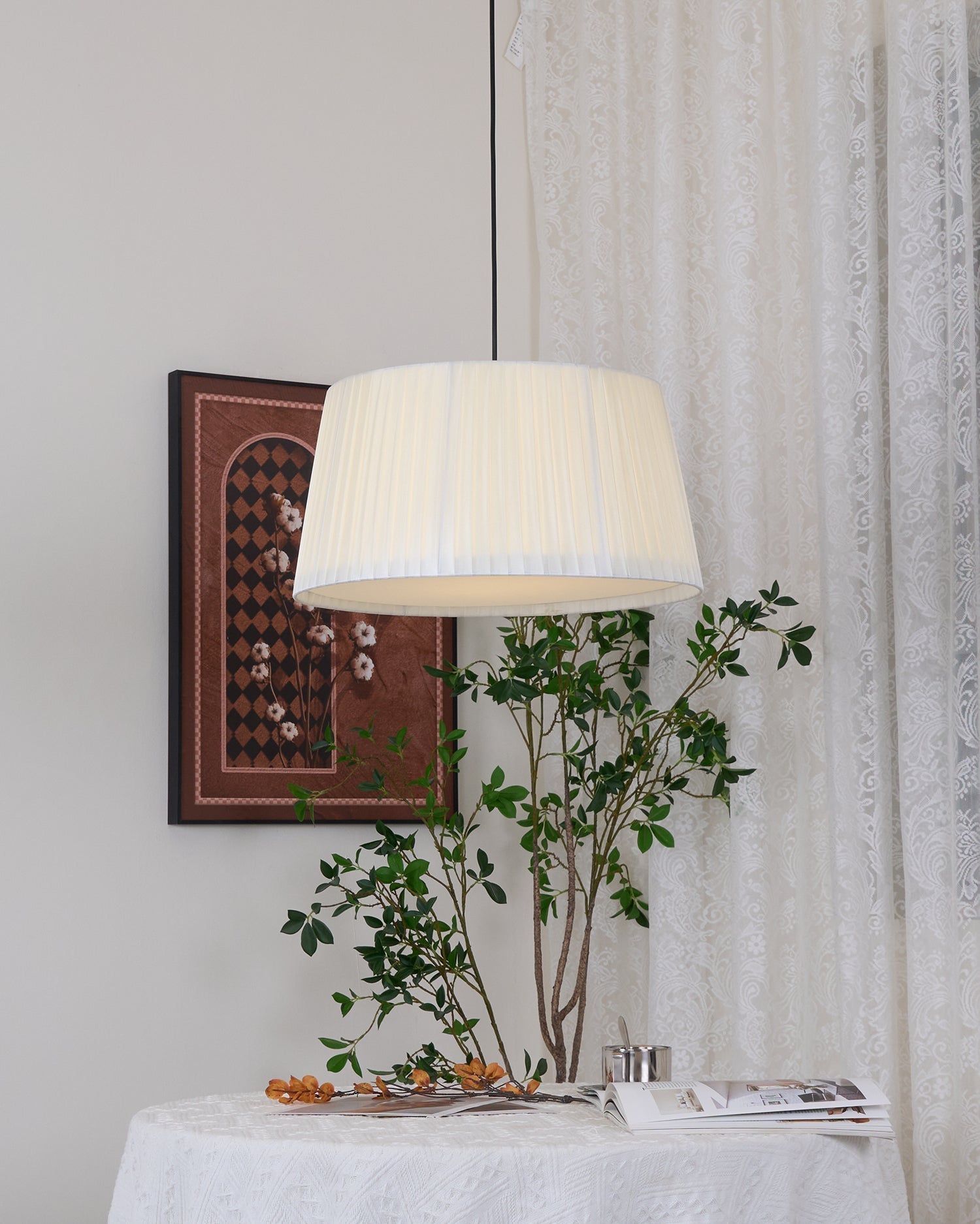 Pendant Lamp Pleated Fabric Drum Black Minimalist Classic