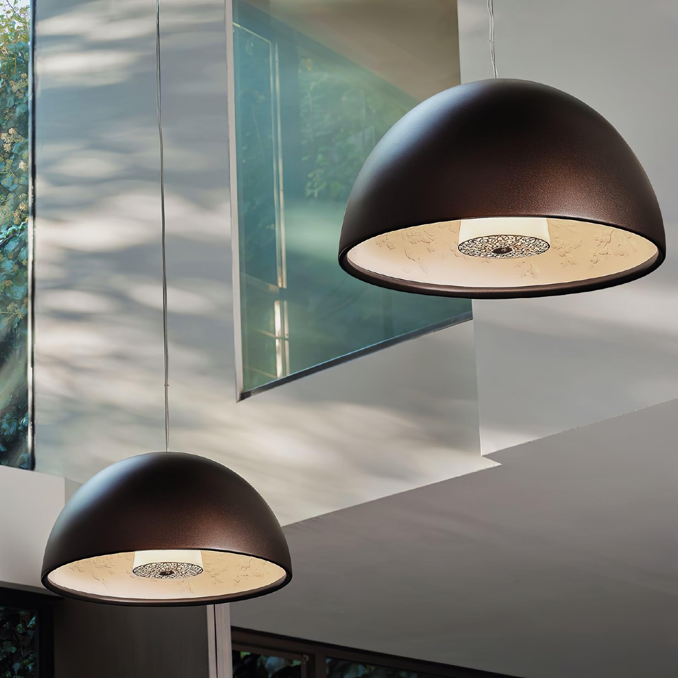 Pendant Lamp Black Dome with Embossed Plaster Interior Elegant