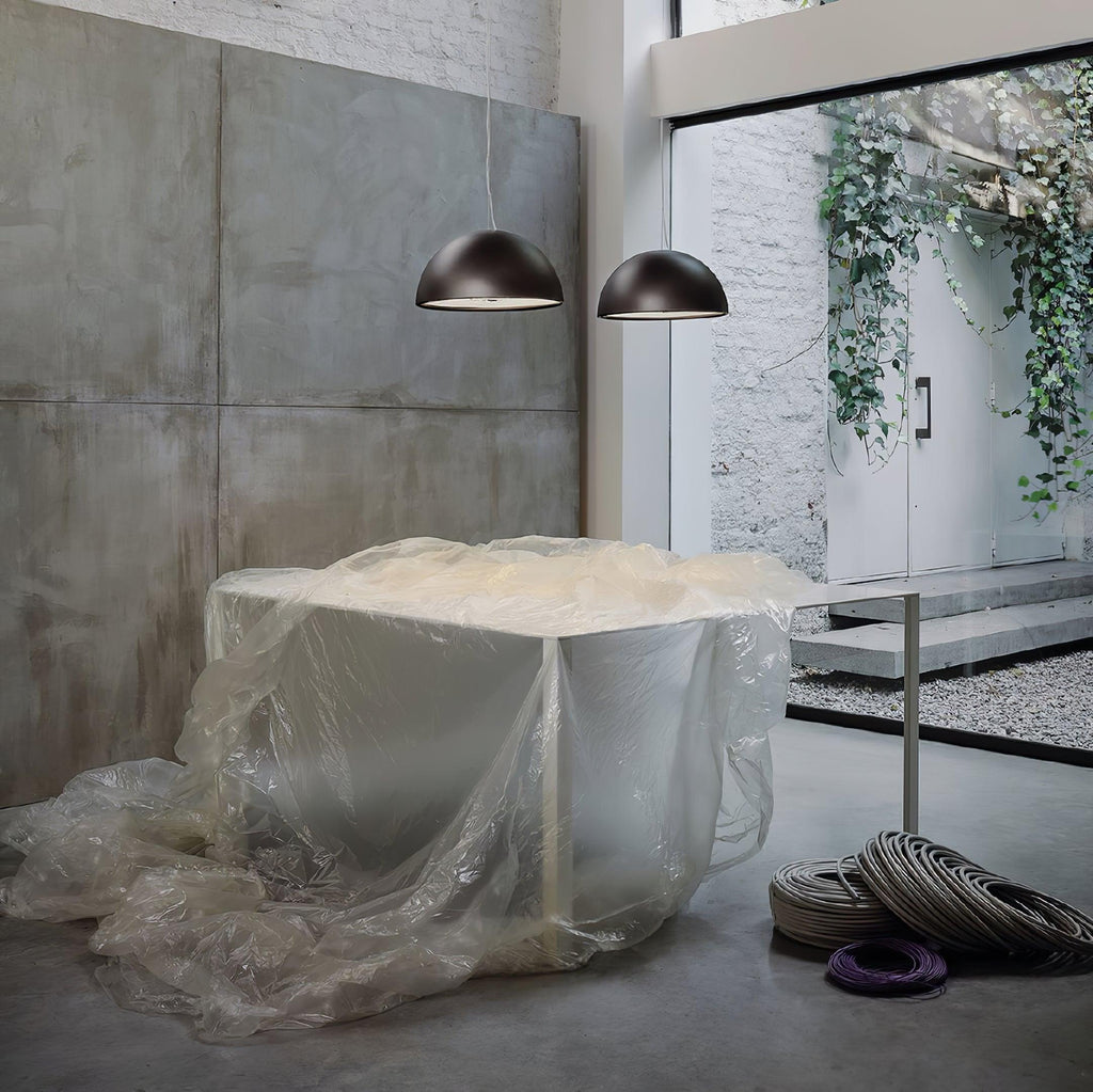 Pendant Lamp Black Dome with Embossed Plaster Interior Elegant