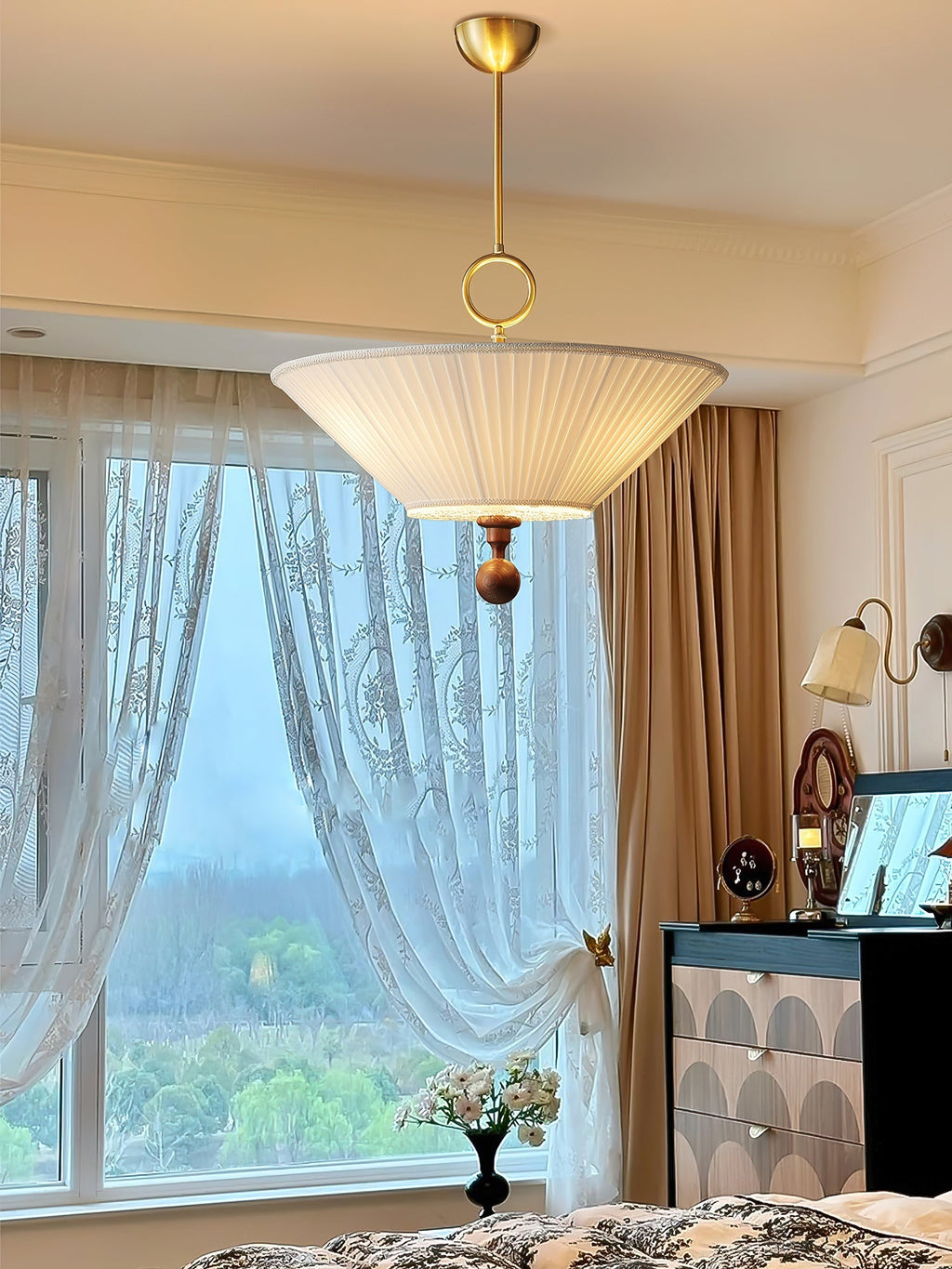 Solaria Modern Fabric Wood Pendant Light