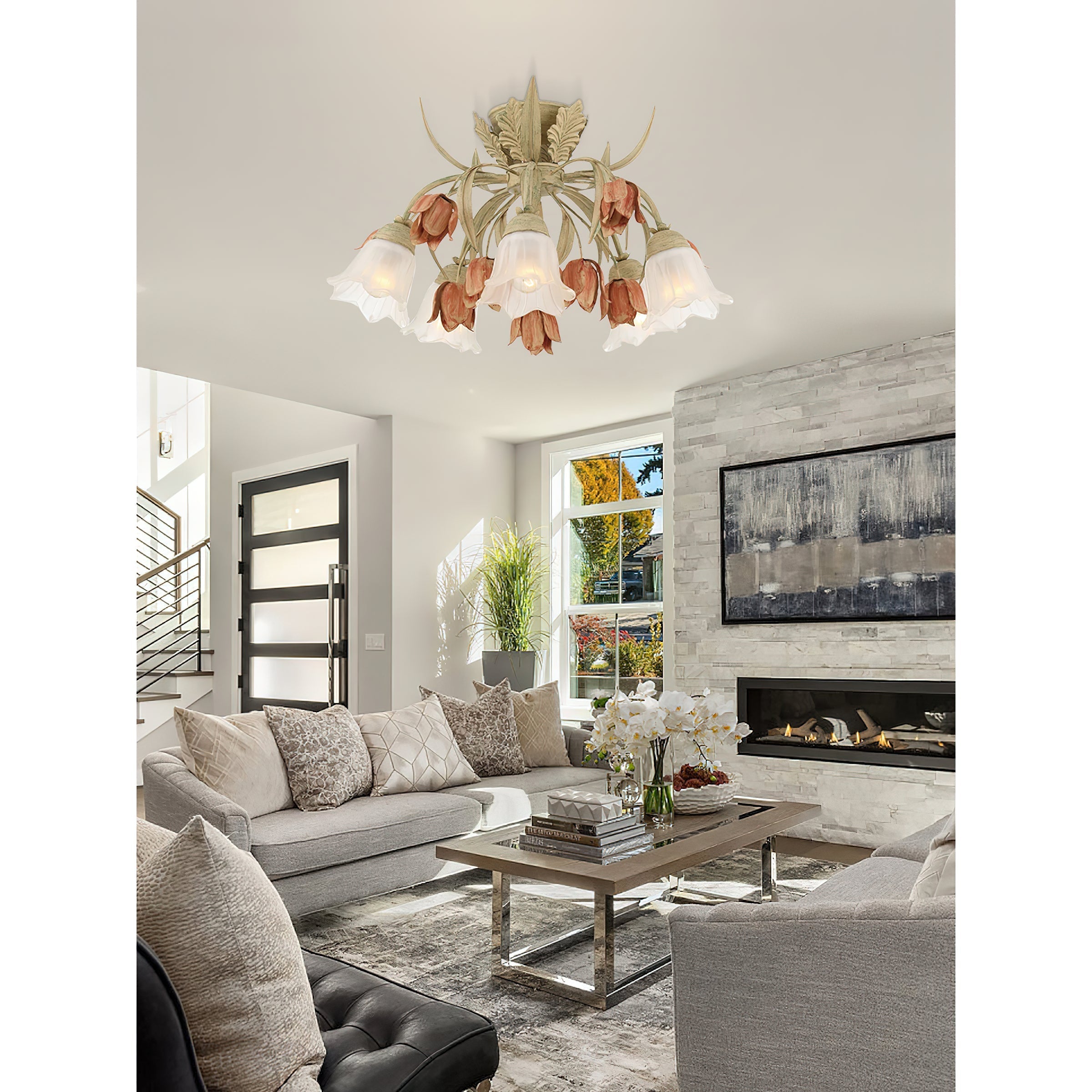 Veshael Elegance Art Sage Rose Glass Ceiling Lamp