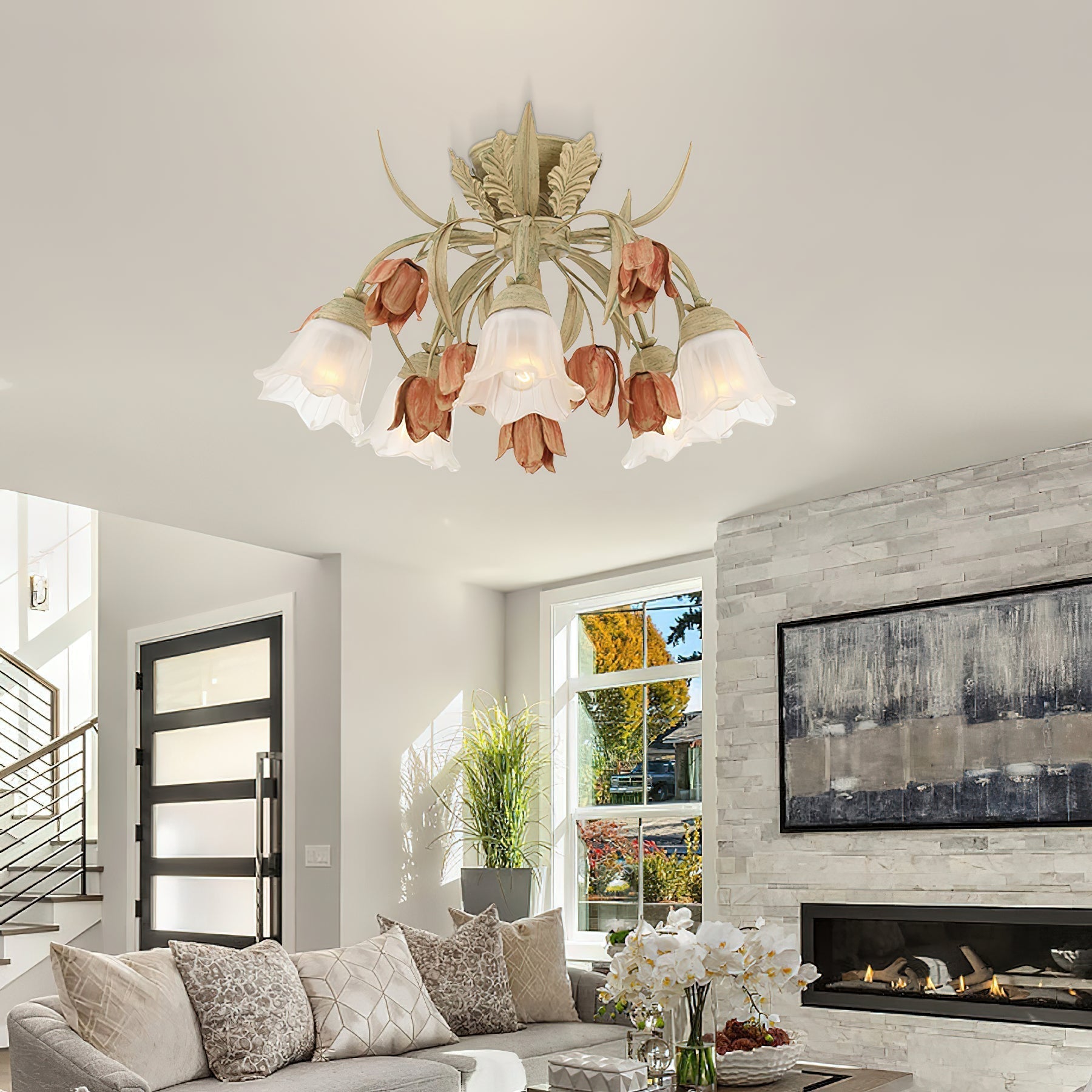 Veshael Elegance Art Sage Rose Glass Ceiling Lamp