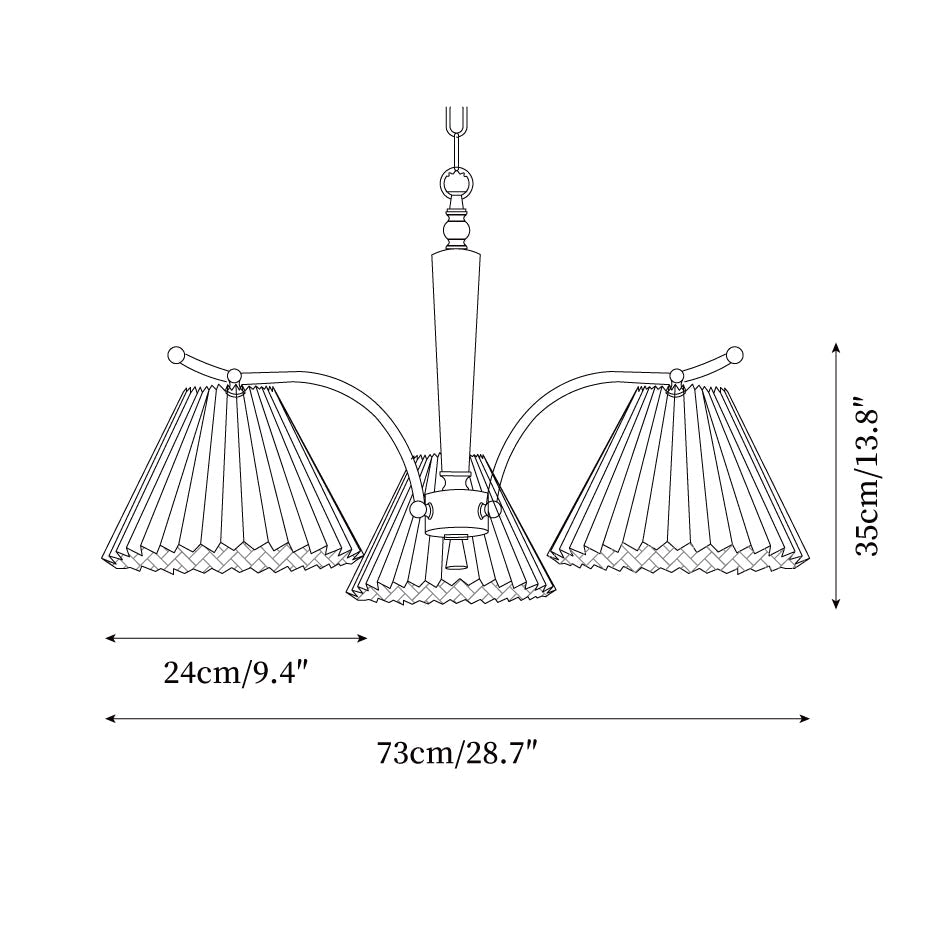 Chandelier Pleated Fabric Shades Walnut Brass Arms Warm Retro