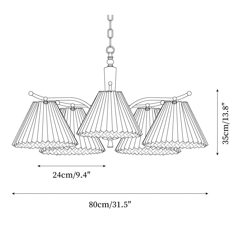 Chandelier Pleated Fabric Shades Walnut Brass Arms Warm Retro