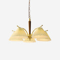 Chandelier Pleated Fabric Shades Walnut Brass Arms Warm Retro