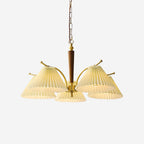 Chandelier Pleated Fabric Shades Walnut Brass Arms Warm Retro