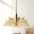Chandelier Pleated Fabric Shades Walnut Brass Arms Warm Retro