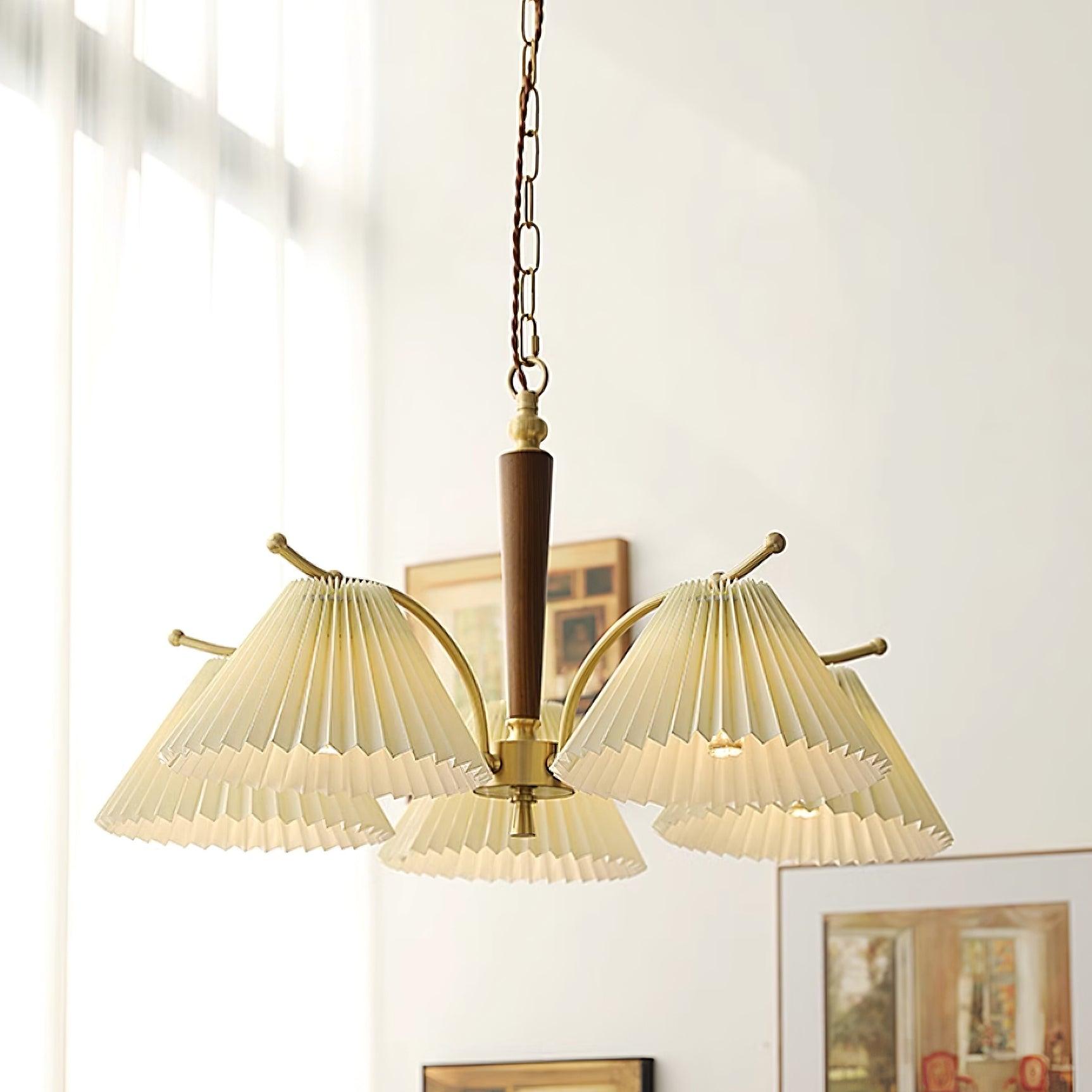 Chandelier Pleated Fabric Shades Walnut Brass Arms Warm Retro