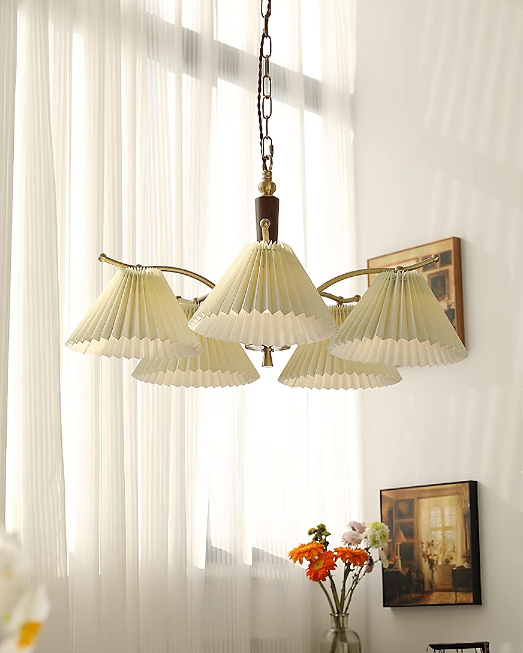 Chandelier Pleated Fabric Shades Walnut Brass Arms Warm Retro