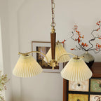 Chandelier Pleated Fabric Shades Walnut Brass Arms Warm Retro