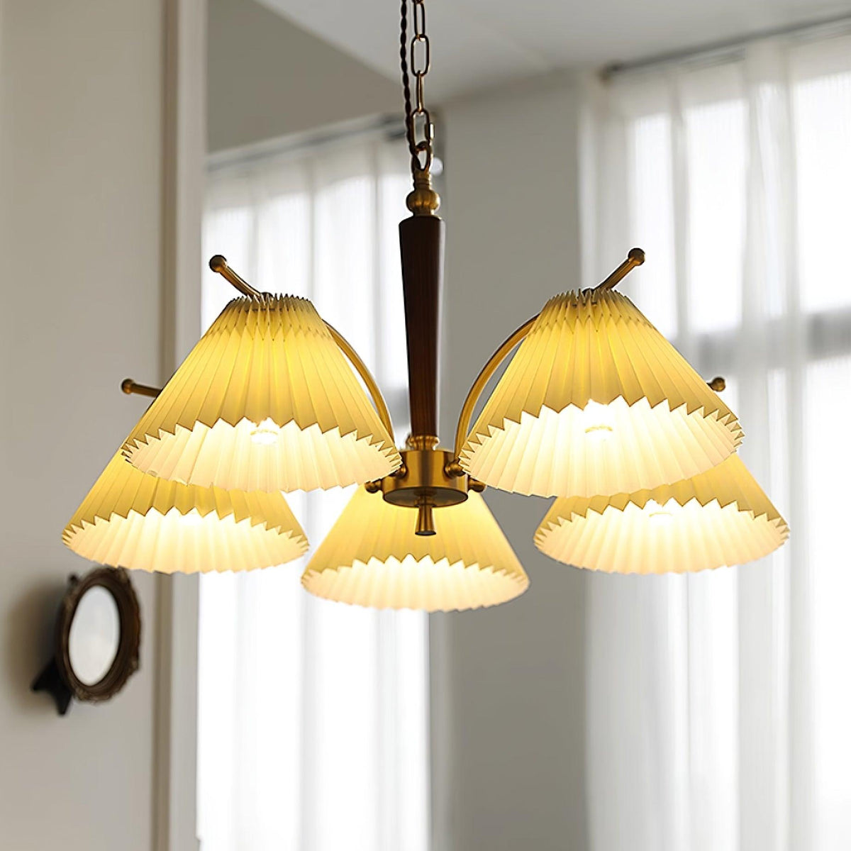 Chandelier Pleated Fabric Shades Walnut Brass Arms Warm Retro