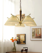 Chandelier Pleated Fabric Shades Walnut Brass Arms Warm Retro