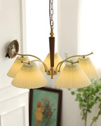 Chandelier Pleated Fabric Shades Walnut Brass Arms Warm Retro