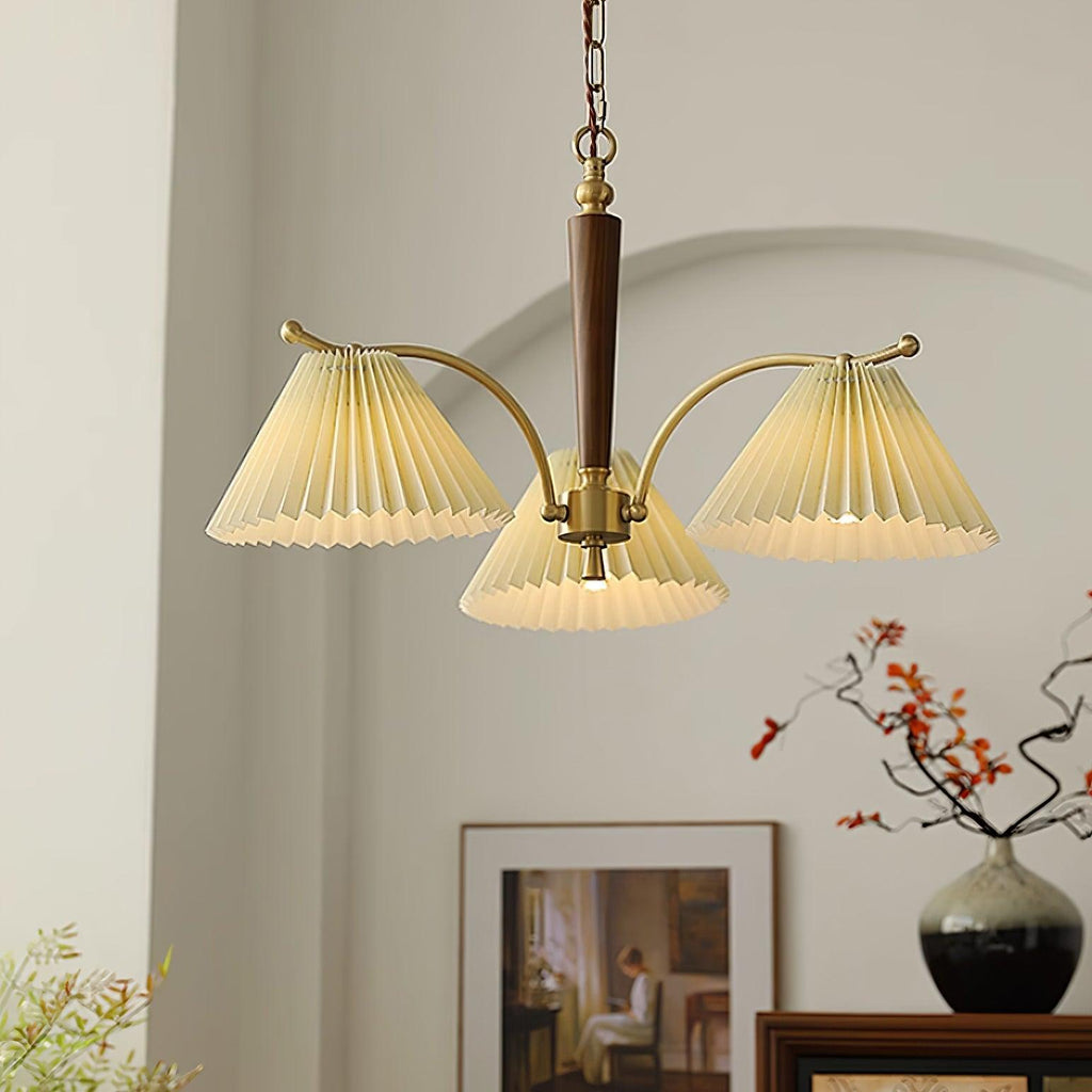 Chandelier Pleated Fabric Shades Walnut Brass Arms Warm Retro