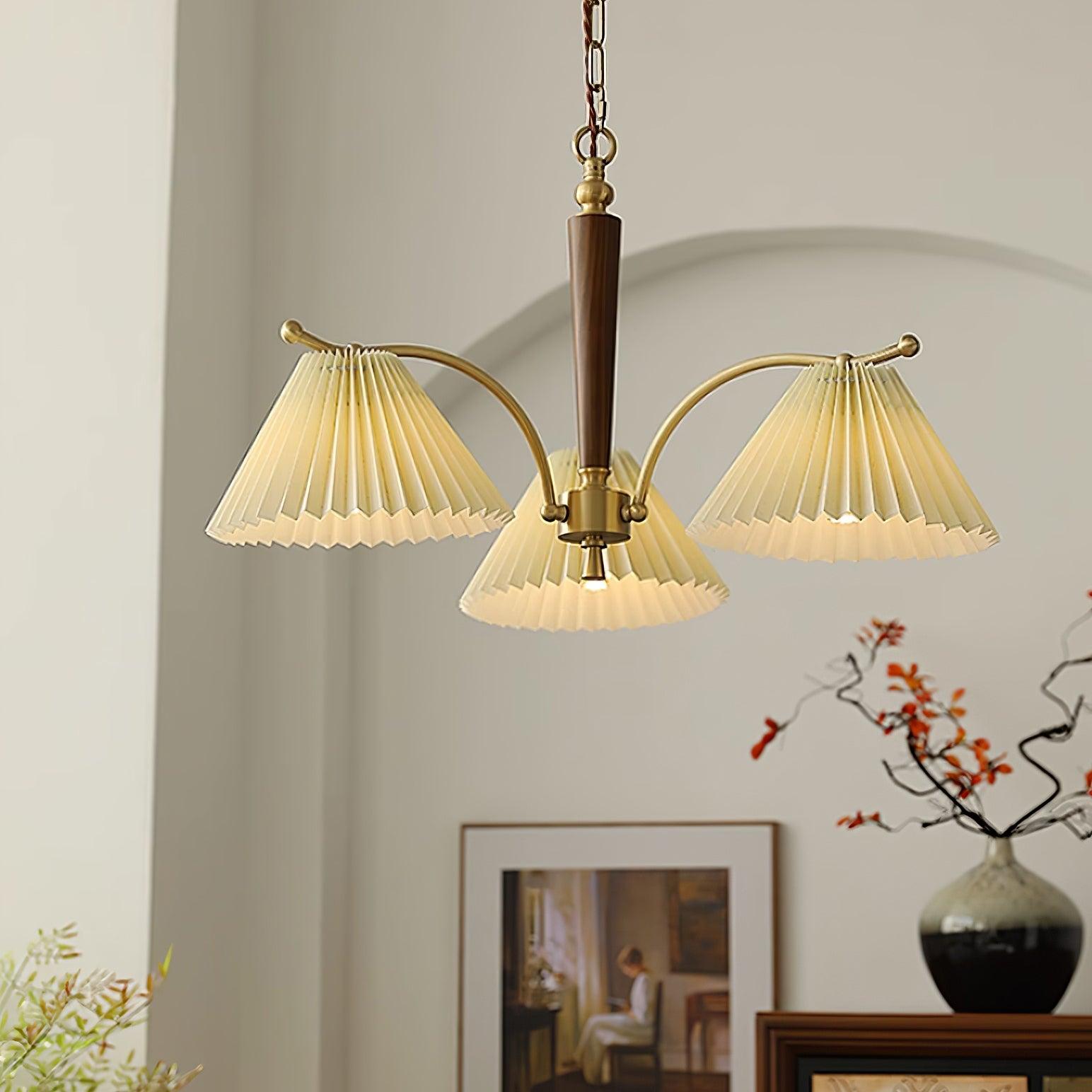 Chandelier Pleated Fabric Shades Walnut Brass Arms Warm Retro