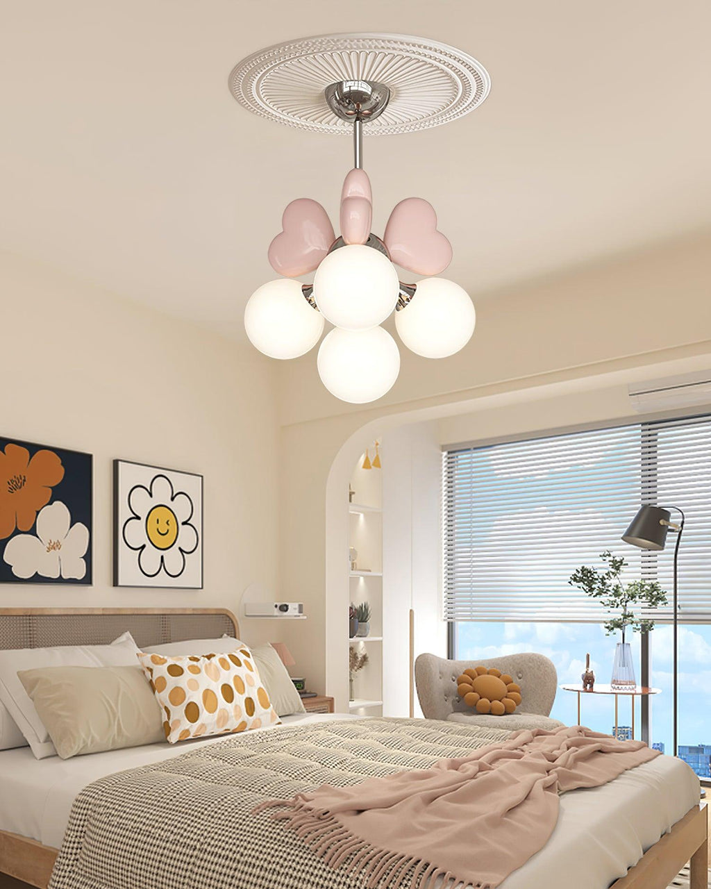 Chandelier Heart Accents Globe Shades Playful Modern Kids Room