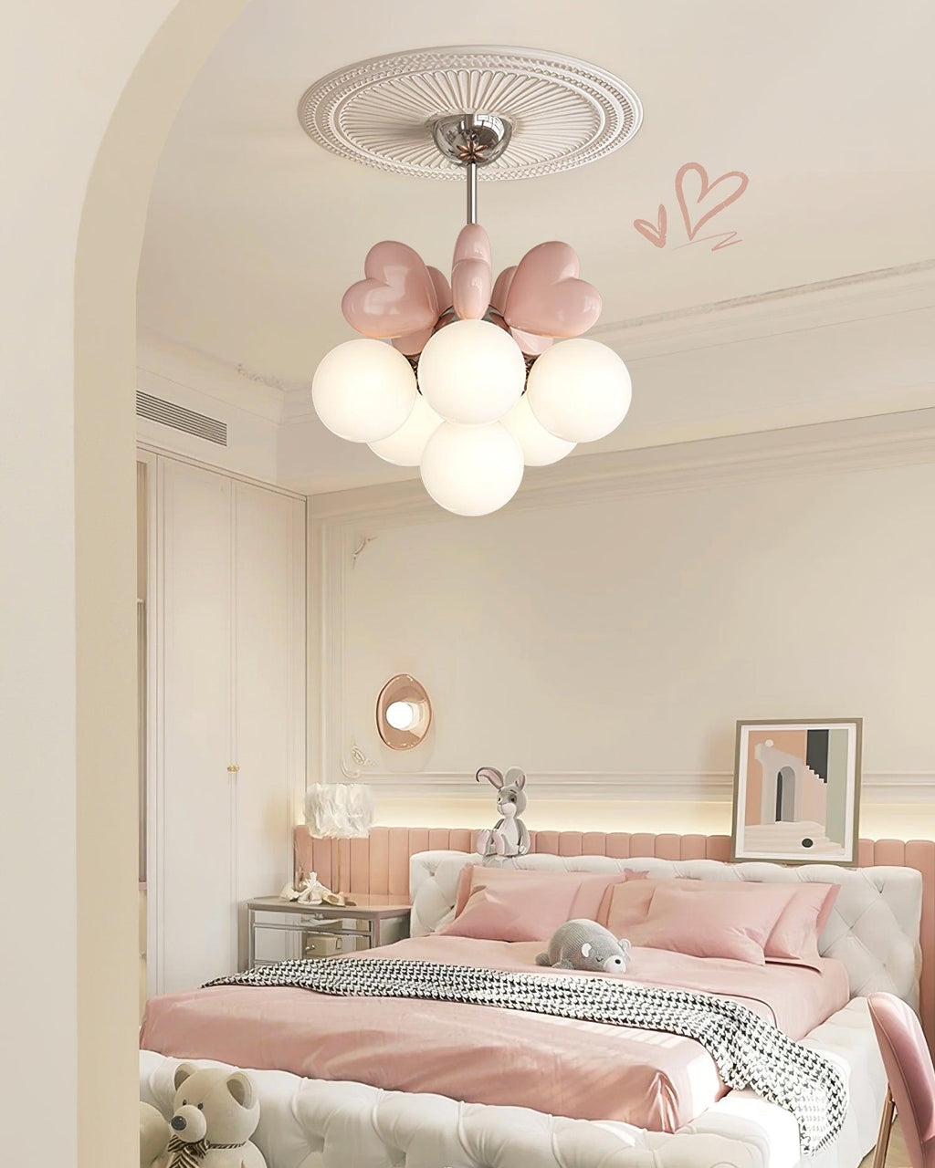 Chandelier Heart Accents Globe Shades Playful Modern Kids Room