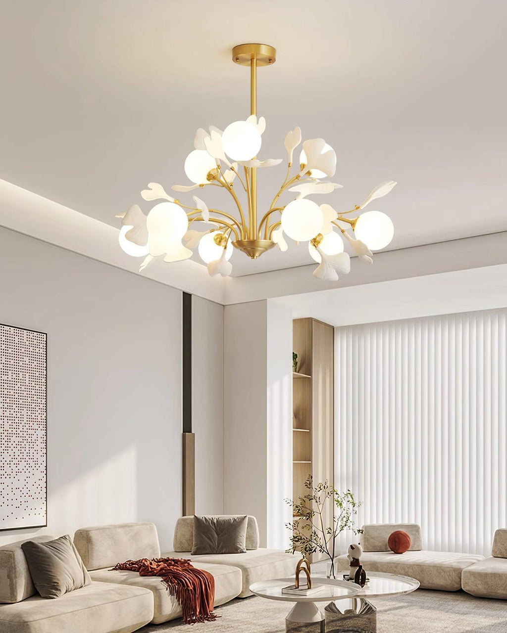 Lustra Chandelier Ginkgo Leaf Brass Ceramic Glass
