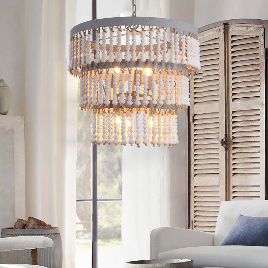 Lustra Chandelier Three Tiered Wood Beaded