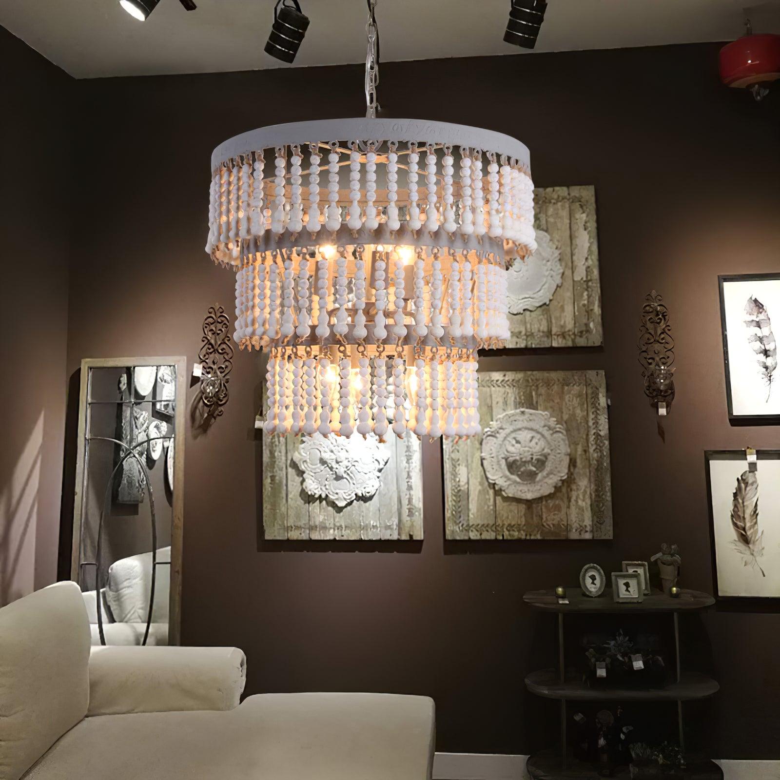 Lustra Chandelier Three Tiered Wood Beaded