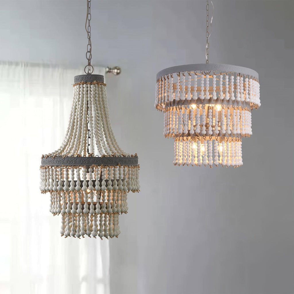 Lustra Chandelier Three Tiered Wood Beaded
