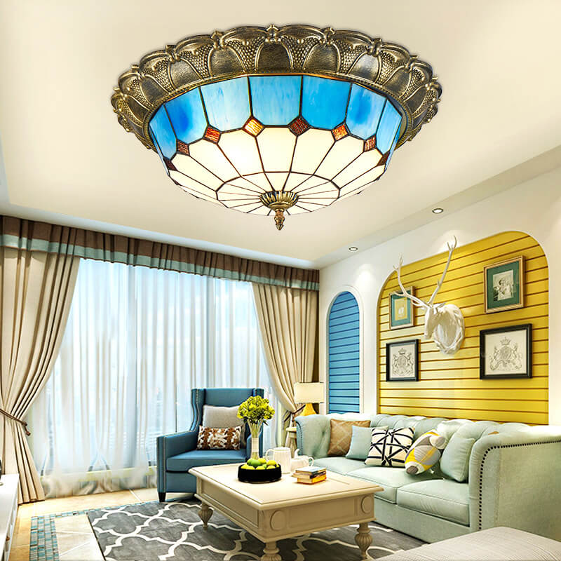 Tiffany Retro LED Flush Mount Ceiling Light Glass Round Living Room