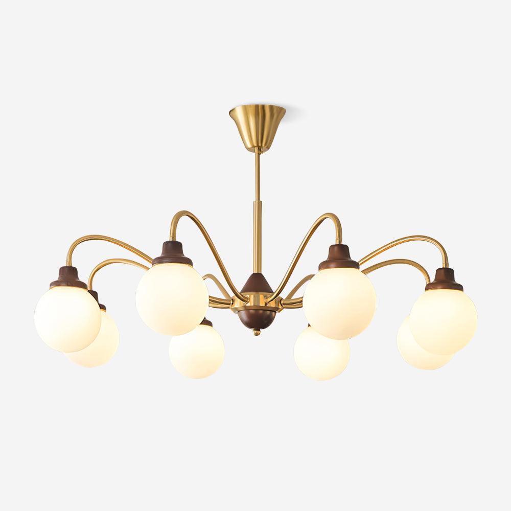 Chandelier Gold Arms&Ash Wood White Glass Globes Retro