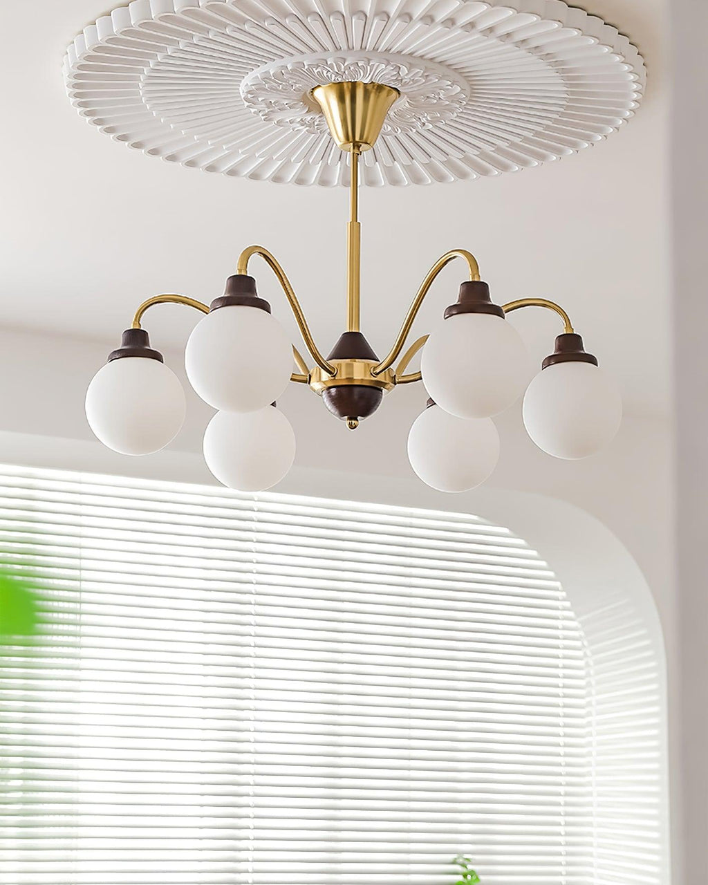 Chandelier Gold Arms&Ash Wood White Glass Globes Retro