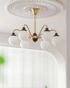 Chandelier Gold Arms&Ash Wood White Glass Globes Retro