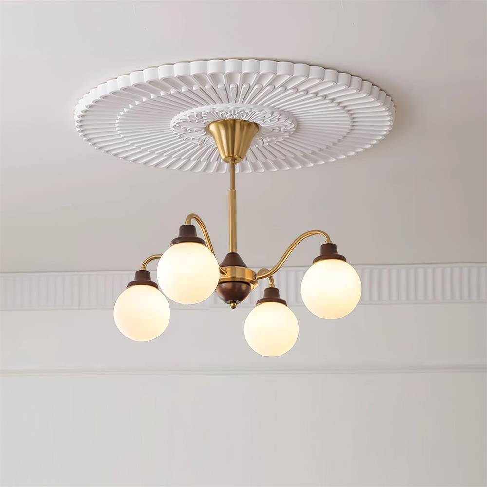 Chandelier Gold Arms&Ash Wood White Glass Globes Retro