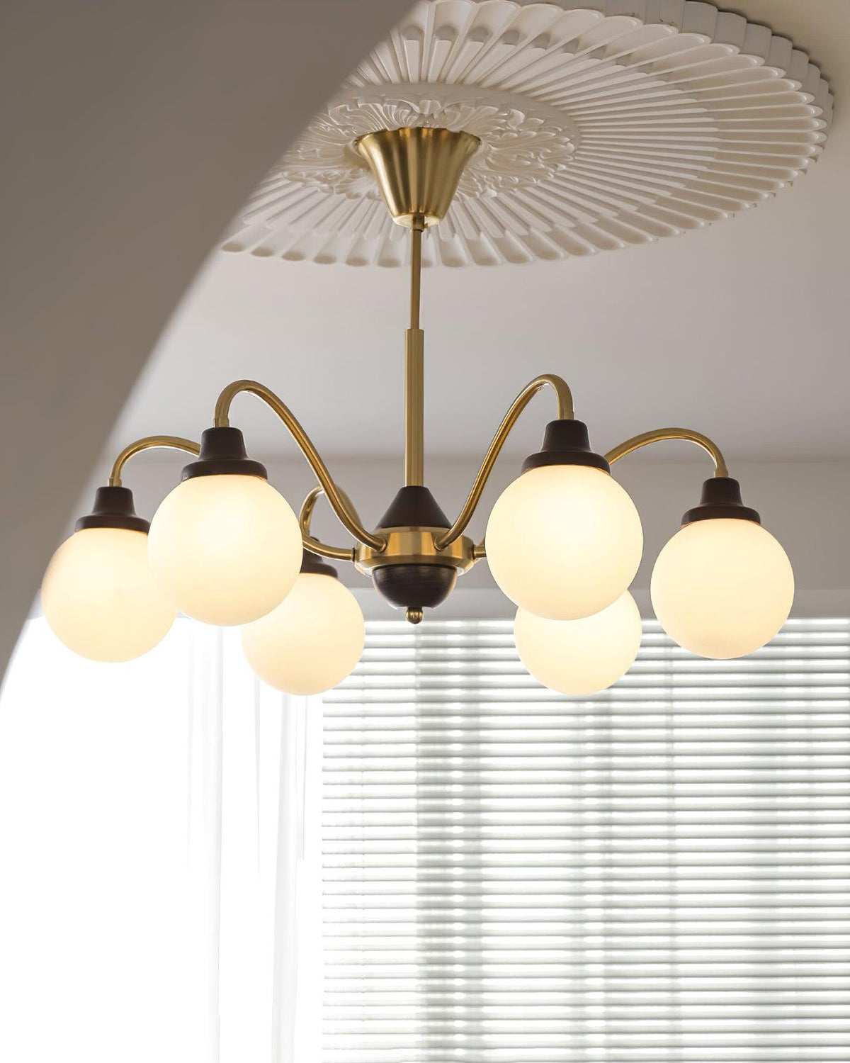 Chandelier Gold Arms&Ash Wood White Glass Globes Retro