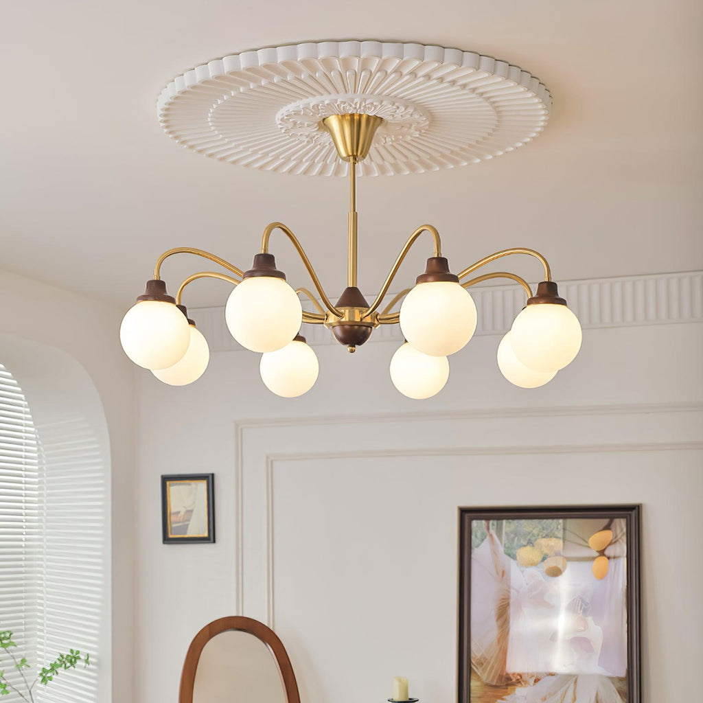 Chandelier Gold Arms&Ash Wood White Glass Globes Retro