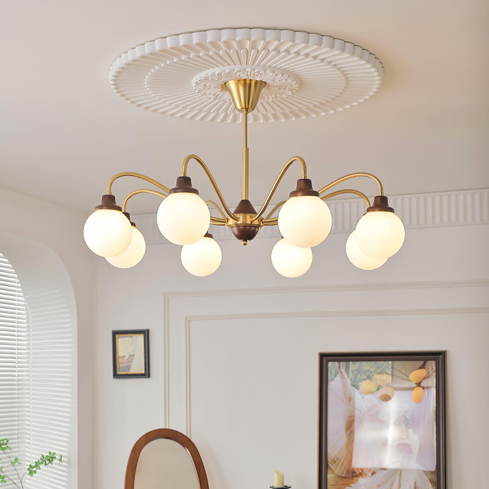 Chandelier Gold Arms&Ash Wood White Glass Globes Retro