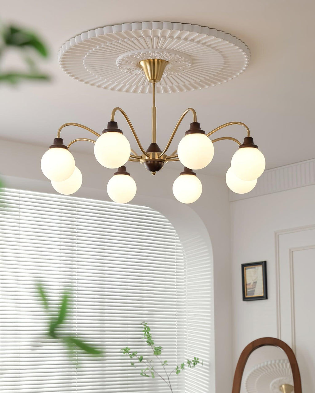 Chandelier Gold Arms&Ash Wood White Glass Globes Retro