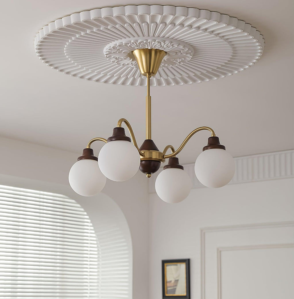 Chandelier Gold Arms&Ash Wood White Glass Globes Retro