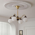 Chandelier Gold Arms&Ash Wood White Glass Globes Retro